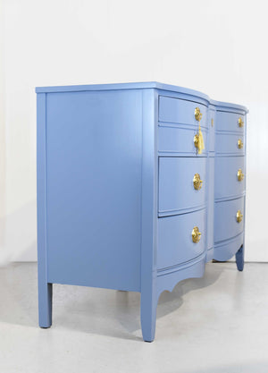 Mid Century Federal Style Bow Front Mahogany Dresser in Blue by Dixie Furniture - Newly Painted