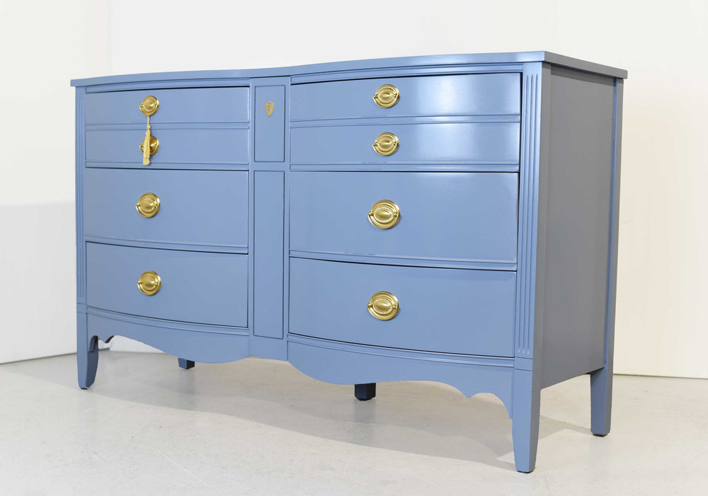 Mid Century Federal Style Bow Front Mahogany Dresser in Blue by Dixie Furniture - Newly Painted