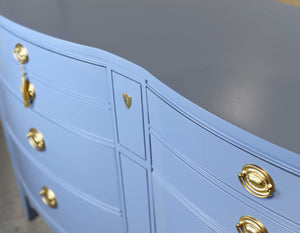 Mid Century Federal Style Bow Front Mahogany Dresser in Blue  by Dixie Furniture - Newly Painted