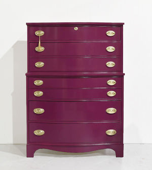 Mid Century Federal Style Mahogany Curved Front Highboy in Purple by Basset- Newly Painted
