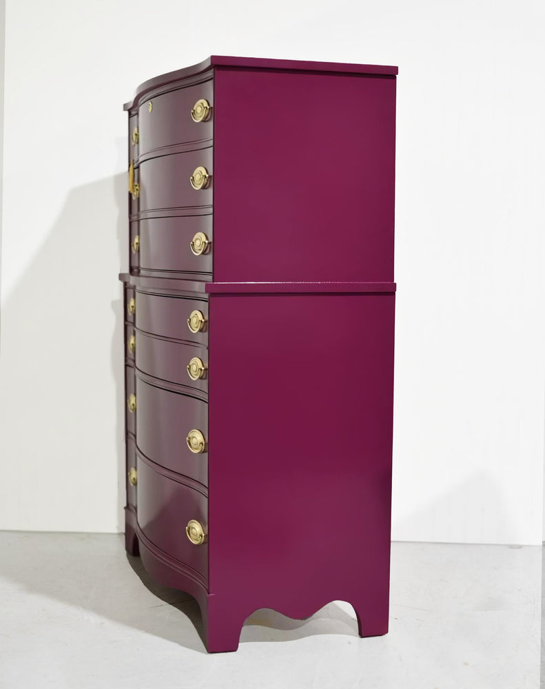 Mid Century Federal Style Mahogany Curved Front Highboy in Purple by Basset- Newly Painted