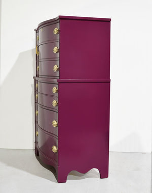 Mid Century Federal Style Mahogany Curved Front Highboy in Purple by Basset- Newly Painted