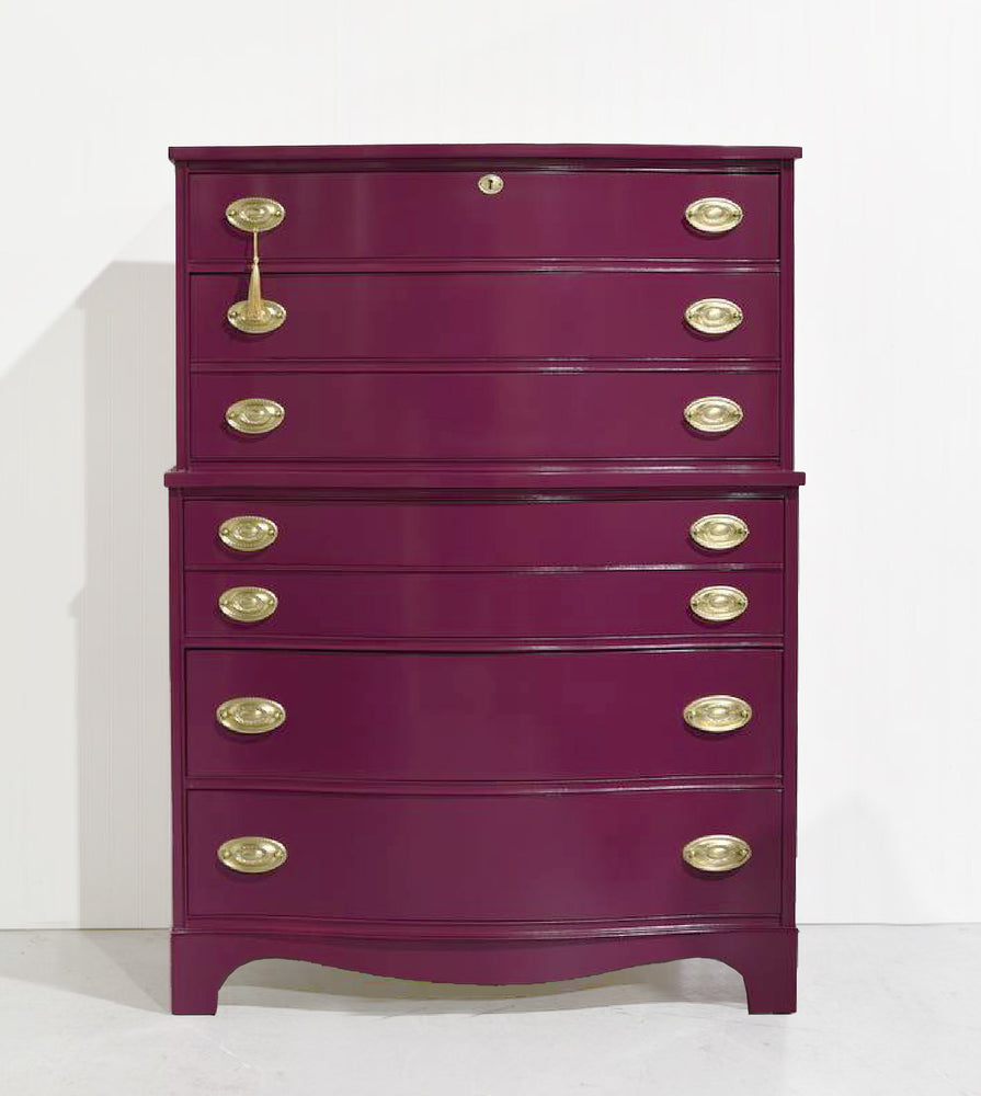 Mid Century Federal Style Mahogany Curved Front Highboy in Purple by Basset- Newly Painted