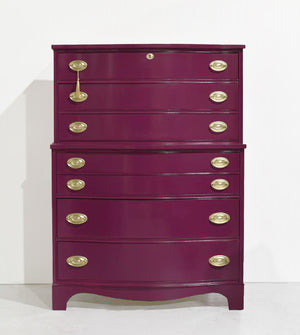 Mid Century Federal Style Mahogany Curved Front Highboy in Purple by Basset- Newly Painted