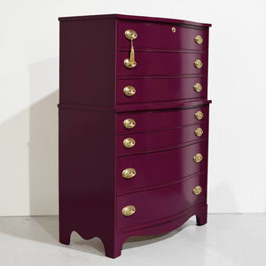 Mid Century Federal Style Mahogany Curved Front Highboy in Purple by Basset- Newly Painted