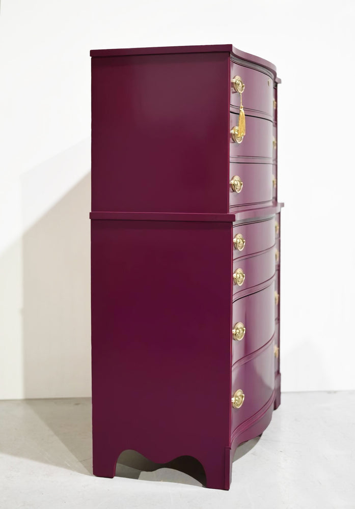 Mid Century Federal Style Mahogany Curved Front Highboy in Purple by Basset- Newly Painted