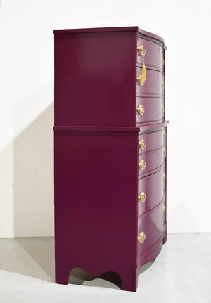 Mid Century Federal Style Mahogany Curved Front Highboy in Purple by Basset- Newly Painted