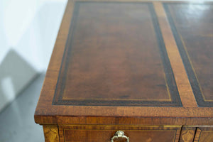 Mid Century Flame Mahogany Banded and Inlaid Leather Top Desk