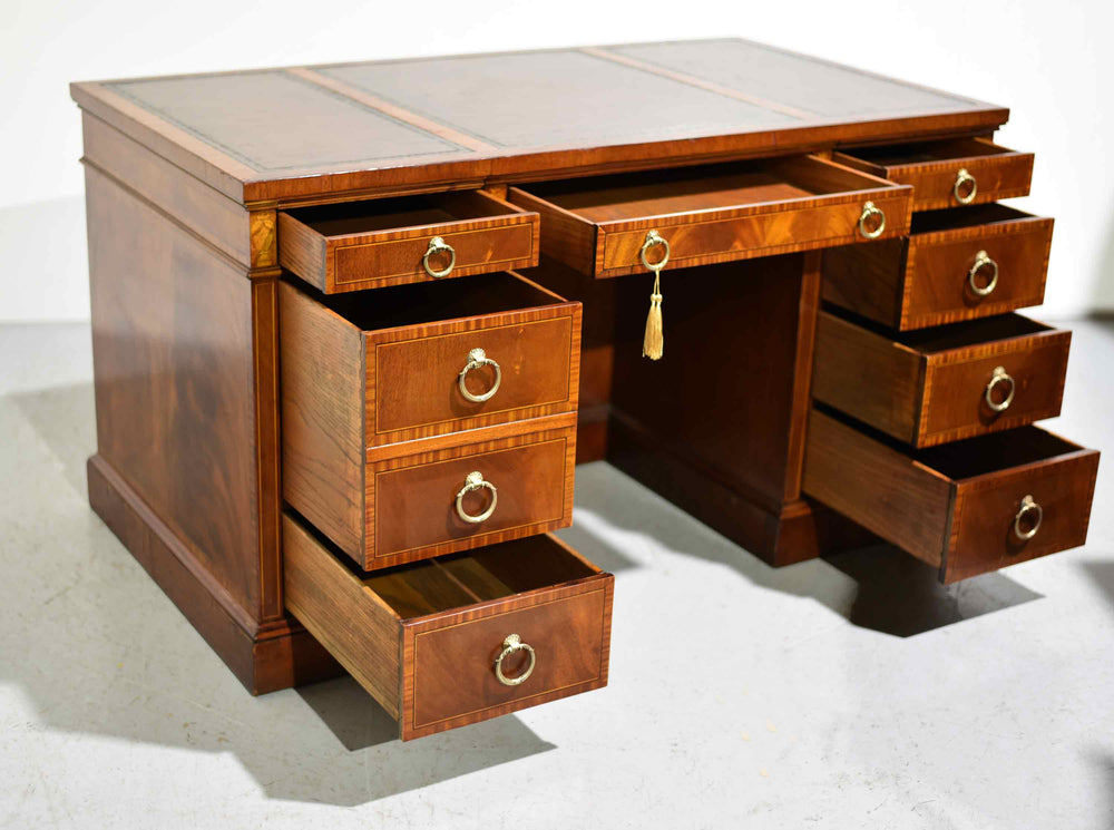 Mid Century Flame Mahogany Banded and Inlaid Leather Top Desk