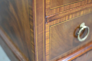 Mid Century Flame Mahogany Banded and Inlaid Leather Top Desk