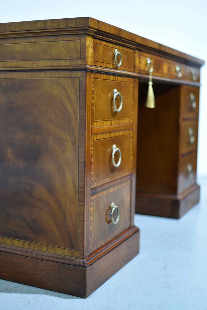 Mid Century Flame Mahogany Banded and Inlaid Leather Top Desk