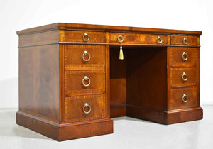 Mid Century Flame Mahogany Banded and Inlaid Leather Top Desk