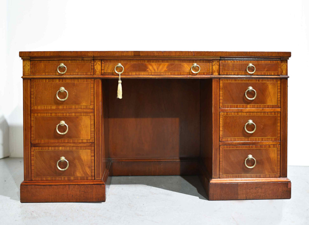 Mid Century Flame Mahogany Banded and Inlaid Leather Top Desk