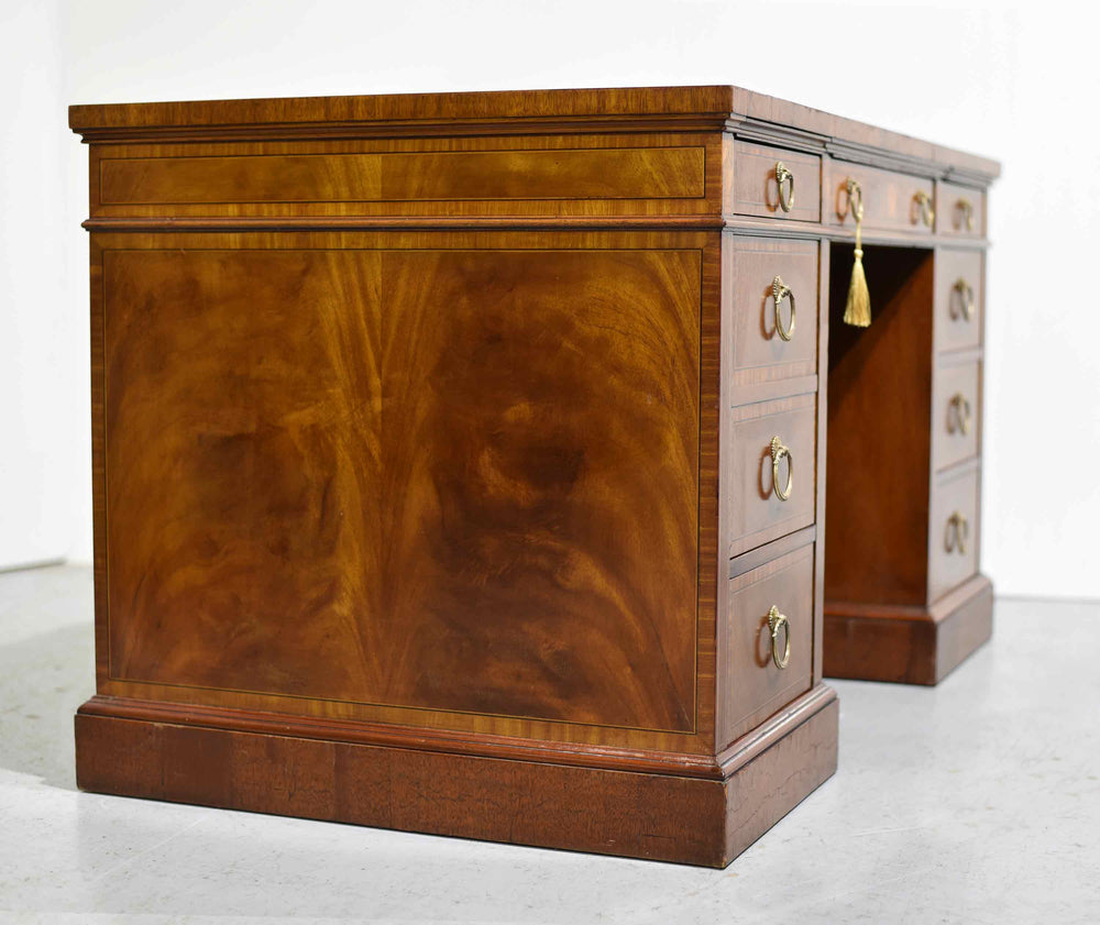 Mid Century Flame Mahogany Banded and Inlaid Leather Top Desk