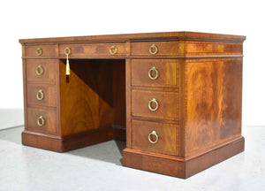 Mid Century Flame Mahogany Banded and Inlaid Leather Top Desk