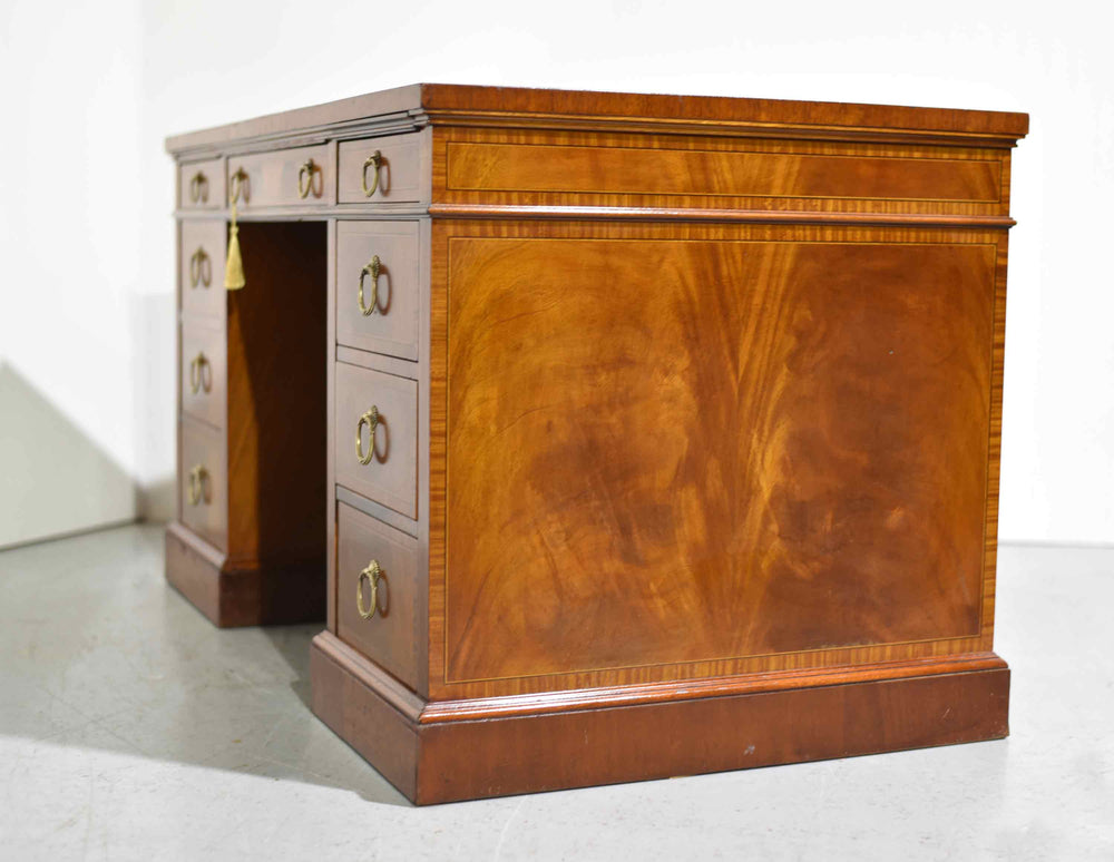 Mid Century Flame Mahogany Banded and Inlaid Leather Top Desk