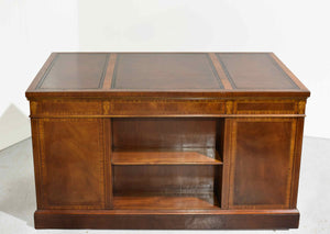 Mid Century Flame Mahogany Banded and Inlaid Leather Top Desk