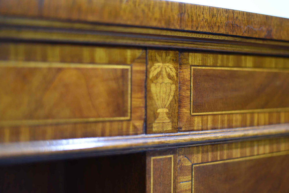 Mid Century Flame Mahogany Banded and Inlaid Leather Top Desk