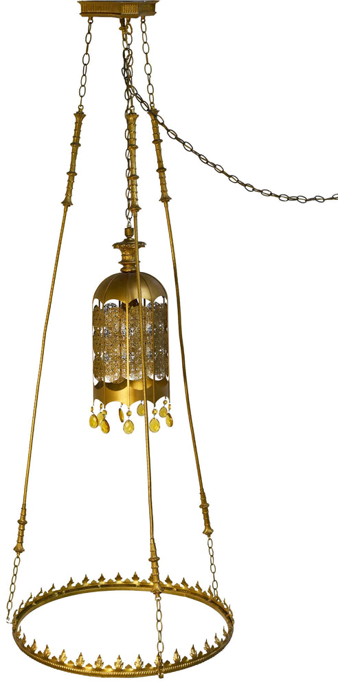 Mid Century Gothic Revival Gold Halo Ring & Crystal Chandelier