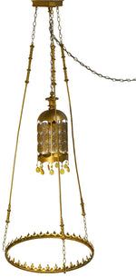 Mid Century Gothic Revival Gold Halo Ring & Crystal Chandelier