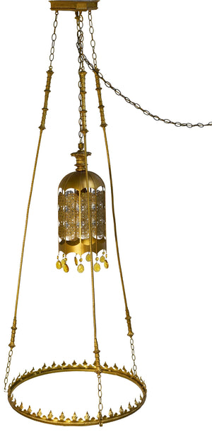Mid Century Gothic Revival Gold Halo Ring & Crystal Chandelier