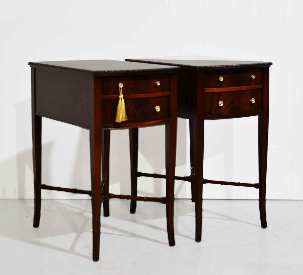 Mid Century Hepplewhite Style Mahogany Bow-Front Bedside Tables with Faux-Bamboo Stretchers - A Pair