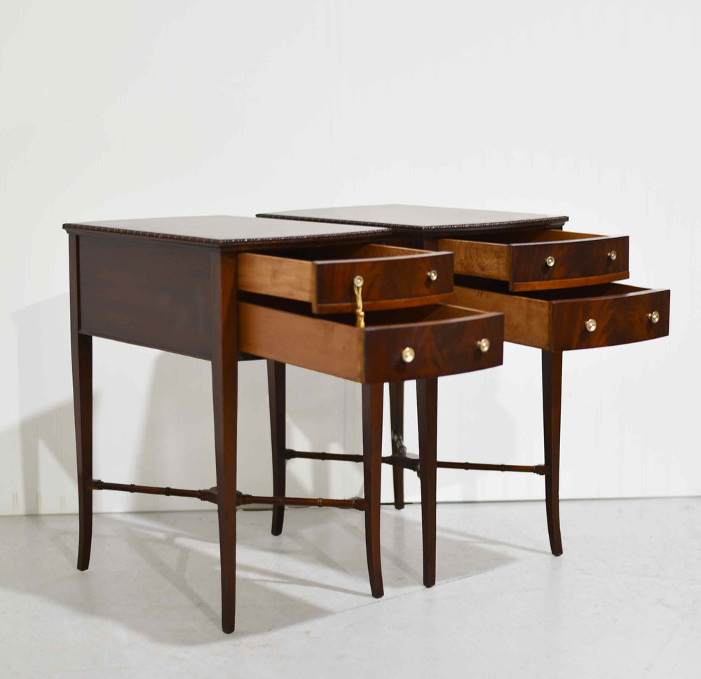 Mid Century Hepplewhite Style Mahogany Bow-Front Bedside Tables with Faux-Bamboo Stretchers - A Pair