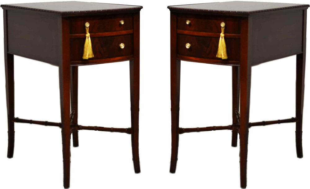 Mid Century Hepplewhite Style Mahogany Bow-Front Bedside Tables with Faux-Bamboo Stretchers - A Pair