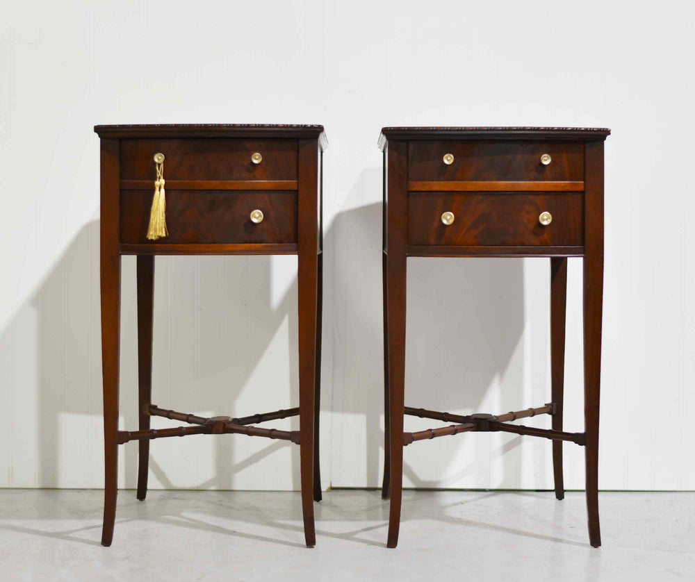 Mid Century Hepplewhite Style Mahogany Bow-Front Bedside Tables with Faux-Bamboo Stretchers - A Pair