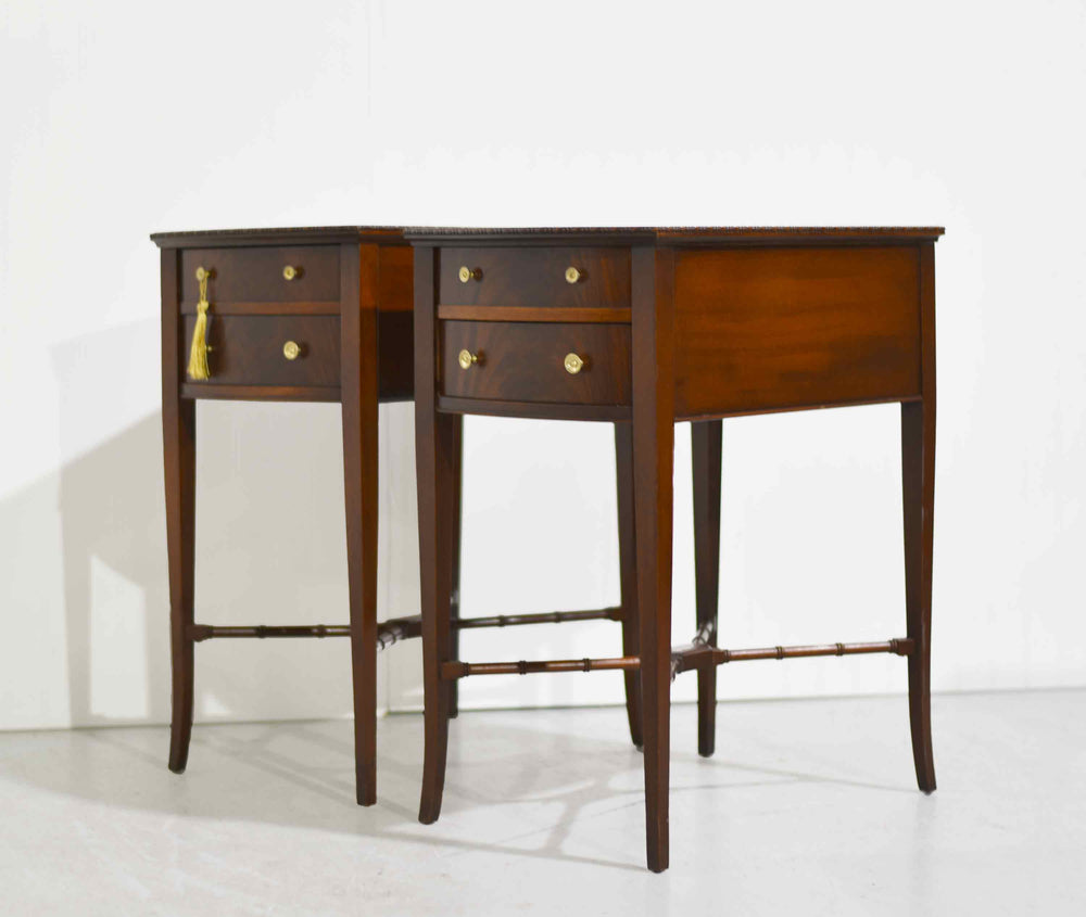 Mid Century Hepplewhite Style Mahogany Bow-Front Bedside Tables with Faux-Bamboo Stretchers - A Pair
