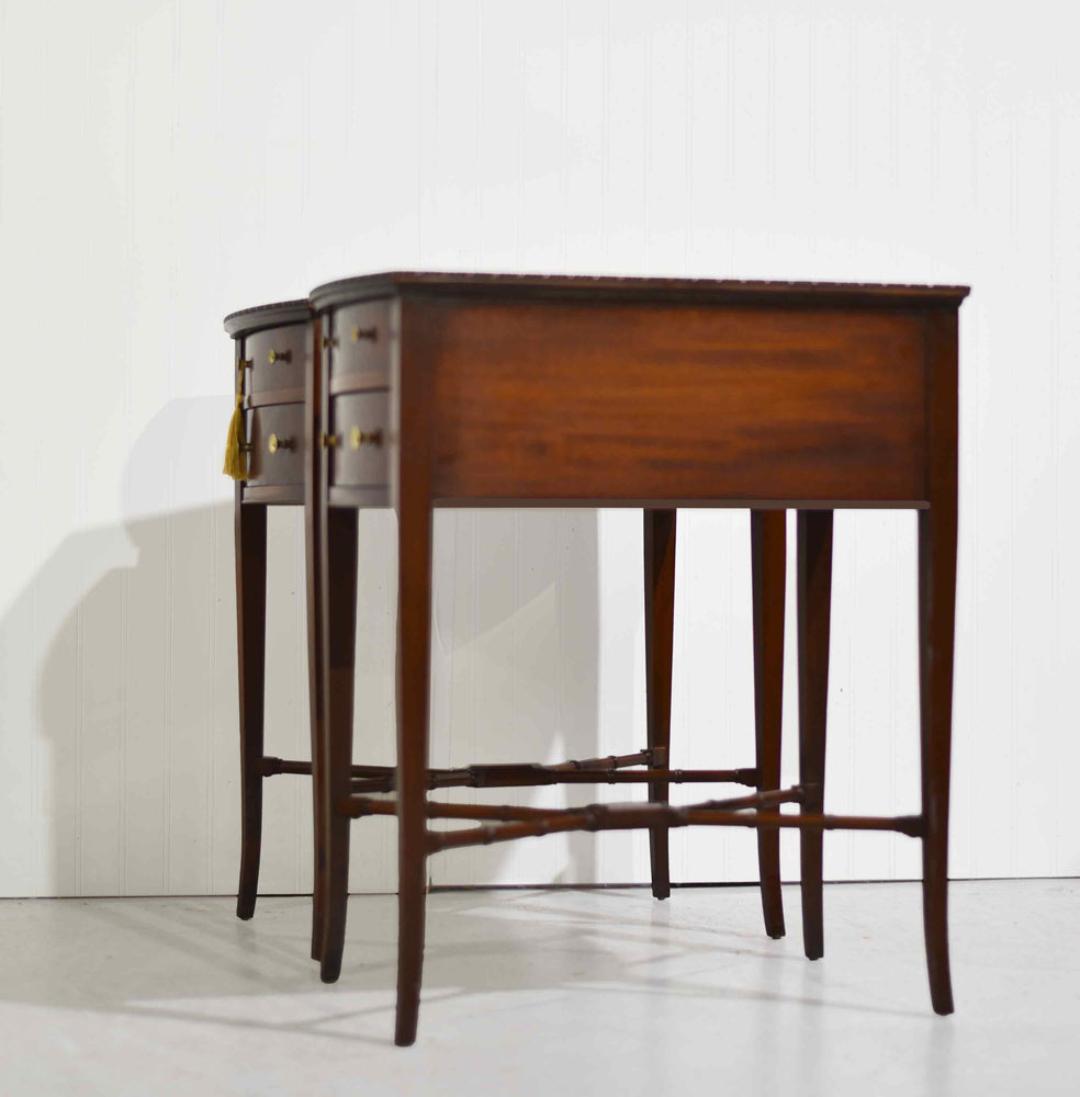 Mid Century Hepplewhite Style Mahogany Bow-Front Bedside Tables with Faux-Bamboo Stretchers - A Pair