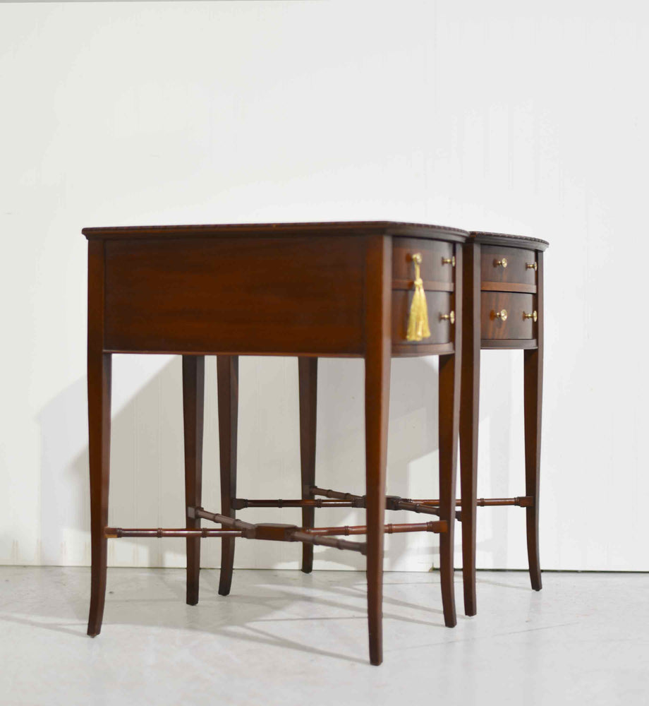 Mid Century Hepplewhite Style Mahogany Bow-Front Bedside Tables with Faux-Bamboo Stretchers - A Pair