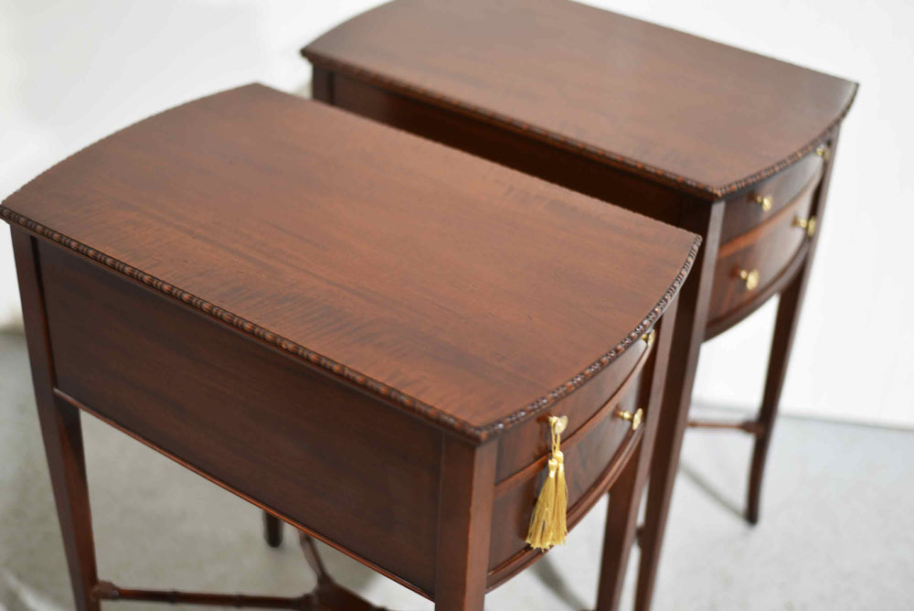 Mid Century Hepplewhite Style Mahogany Bow-Front Bedside Tables with Faux-Bamboo Stretchers - A Pair