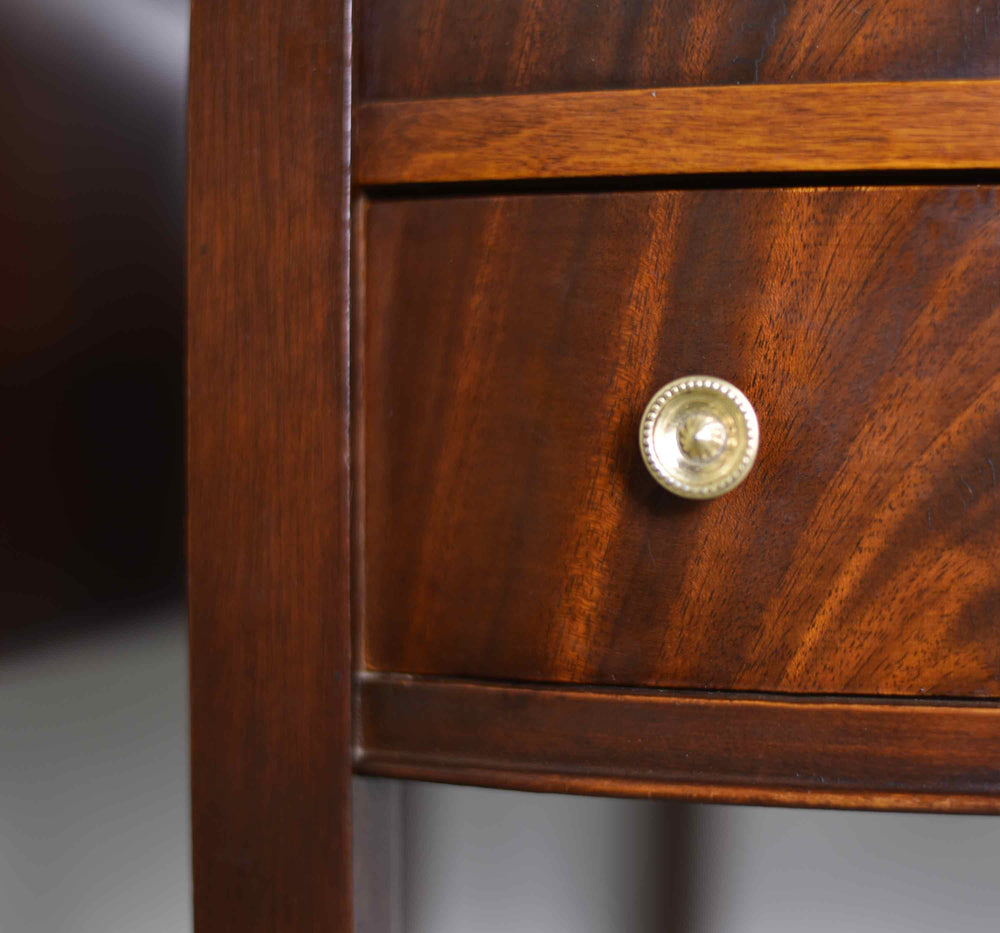 Mid Century Hepplewhite Style Mahogany Bow-Front Bedside Tables with Faux-Bamboo Stretchers - A Pair