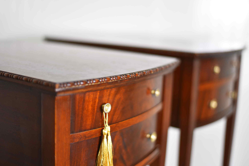 Mid Century Hepplewhite Style Mahogany Bow-Front Bedside Tables with Faux-Bamboo Stretchers - A Pair