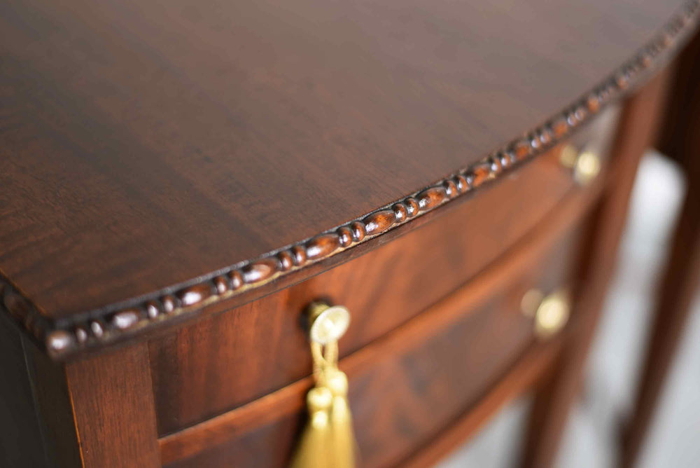 Mid Century Hepplewhite Style Mahogany Bow-Front Bedside Tables with Faux-Bamboo Stretchers - A Pair
