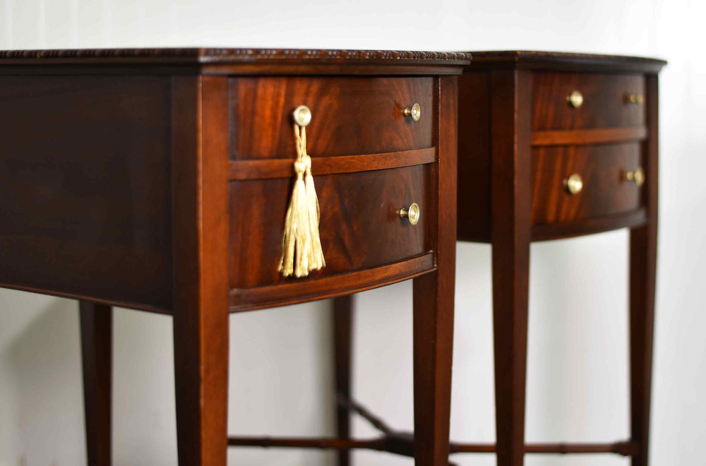 Mid Century Hepplewhite Style Mahogany Bow-Front Bedside Tables with Faux-Bamboo Stretchers - A Pair