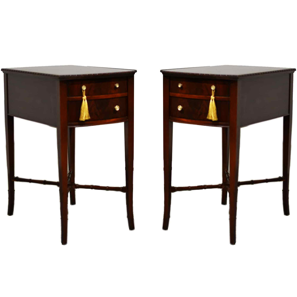 Mid Century Hepplewhite Style Mahogany Bow-Front Bedside Tables with Faux-Bamboo Stretchers - A Pair
