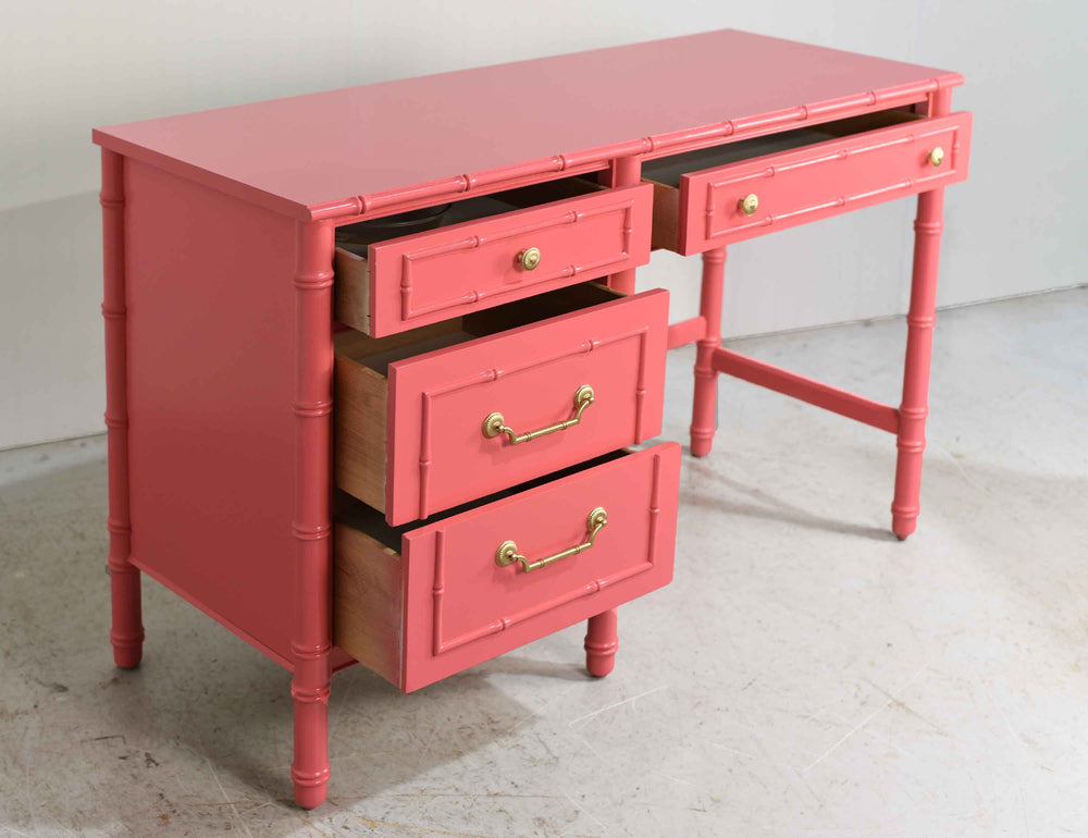 Mid Century Hollywood Regency Faux Bamboo Desk by Thomasville in Pink- Newly Refinished