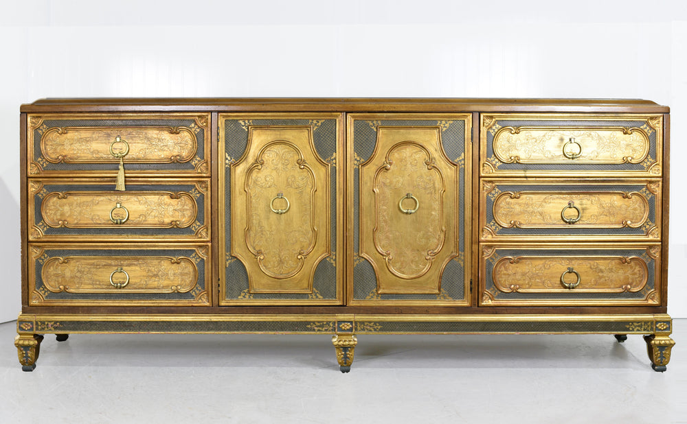 Mid Century Italian Hollywood Regency Gold Leaf Sideboard by Mastercraft