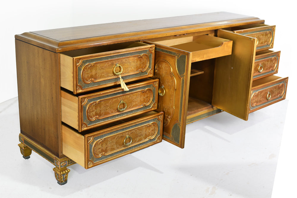 Mid Century Italian Hollywood Regency Gold Leaf Sideboard by Mastercraft
