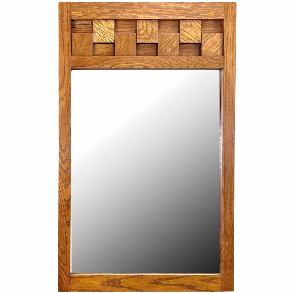 Mid Century Lane Staccato Brutalist Oak Beveled Glass Mirror