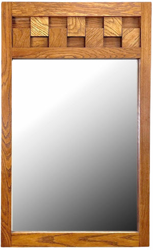 Mid Century Lane Staccato Brutalist Oak Beveled Glass Mirror