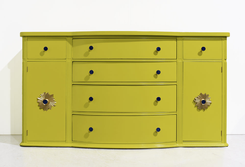 Mid Century Mahogany Curve Front Buffet Console in Chartreuse- Newly Painted