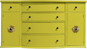 Mid Century Mahogany Curve Front Buffet Console in Chartreuse- Newly Painted