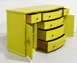 Mid Century Mahogany Curve Front Buffet Console in Chartreuse- Newly Painted