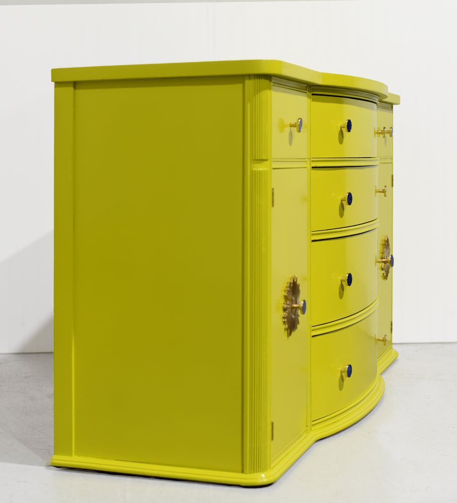 Mid Century Mahogany Curve Front Buffet Console in Chartreuse- Newly Painted