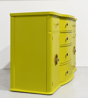 Mid Century Mahogany Curve Front Buffet Console in Chartreuse- Newly Painted