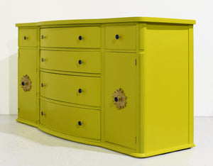 Mid Century Mahogany Curve Front Buffet Console in Chartreuse- Newly Painted
