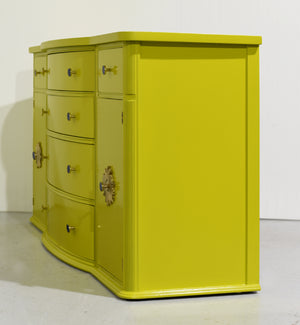 Mid Century Mahogany Curve Front Buffet Console in Chartreuse- Newly Painted
